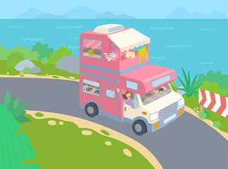 Van life road trip. Girl waving from the van. Minivan on the serpentine road with sea. Vector illustration in flat style. Comfortable transport. Camping concept, road trip, van life movement. Travel 