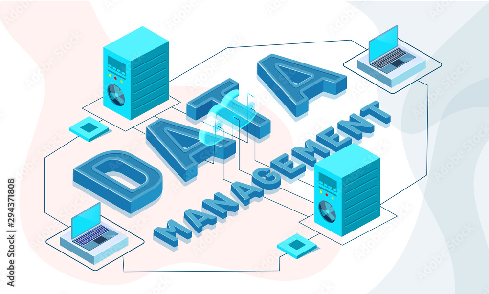 Poster data management concept based isometric design, illustration of web servers connected to laptop on a