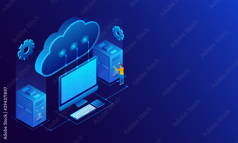 Aufkleber isometric illustration of desktop connected with cloud and data server on glossy blue background.