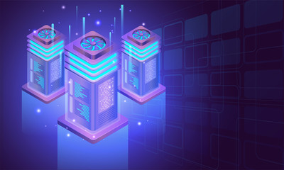 Isometric illustration of glowing big servers with digital rays on blue background for Data Center concept.