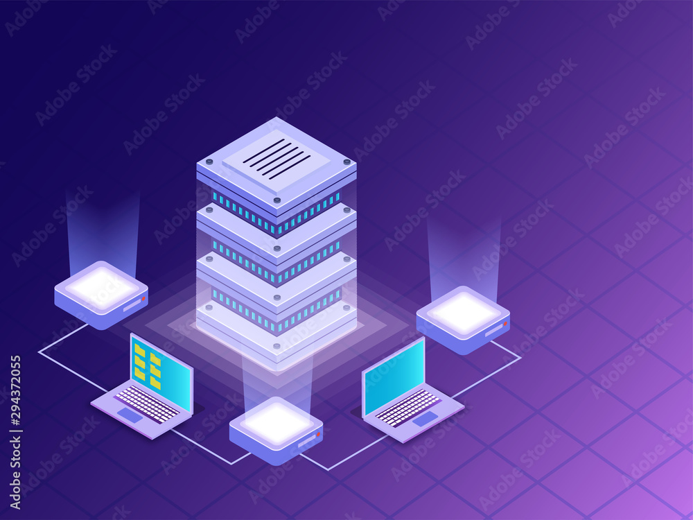Poster data center concept isometric design, 3d illustration of data server connected with laptop and mini 