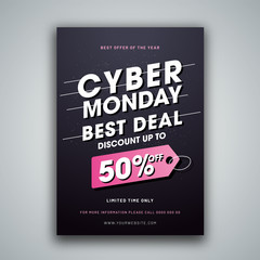 Advertising template or flyer design with 50% discount offer for Cyber Monday Sale.