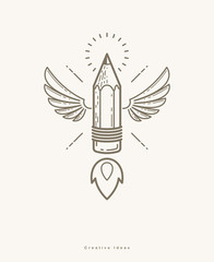 Pencil with wings launching like a rocket start up, creative energy genius artist or designer, vector design and creativity logo or icon, art startup.