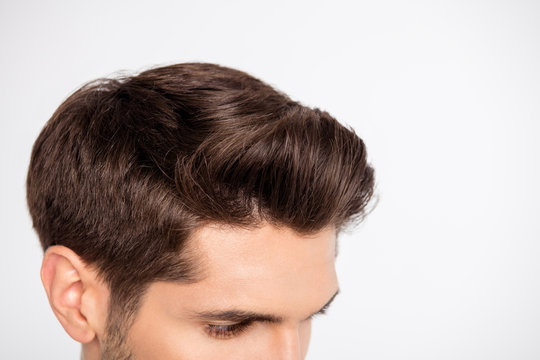 Profile side close-up photo of dream cool man have haircut hairdo after salon therapy isolated over grey background