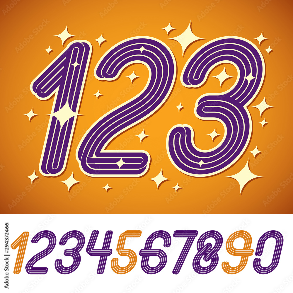 Poster set of stylish vector digits, funky rounded numerals collection made with triple stripes. can be use