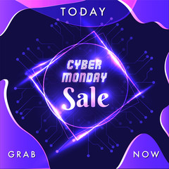 Advertising template for flyer design with shiny text Cyber Monday Sale on blue circuit background.