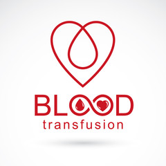 Blood transfusion inscription isolated on white and made using vector red blood drops, heart shape and limitless symbol. Take a concern about human life and health, blood donation logo.