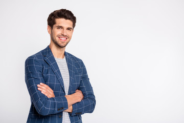 Turned photo of imposing youth cross his hands wear plaid outfit blazer jacket isolated over white...