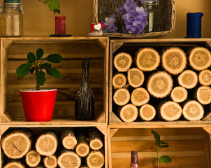 vintage decorations on wooden wall shelfs