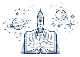 Open book with launching rocket vector linear icon, missile start up from text, space scientific literature library reading line art illustration, science fiction.