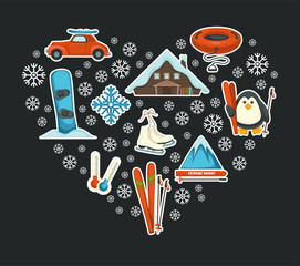 Winter sport, extreme resort, snowboard and skis, sporting items