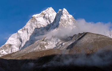Greatness of nature concept. Majestic Ama Dablam peak (6856 m) at sunrise. Nepal, Himalayas