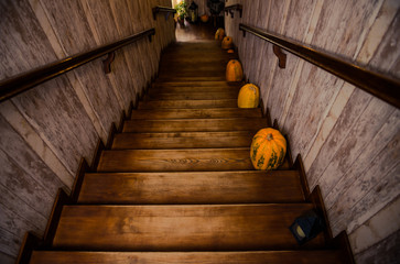 pumpkins on a strairs along vintage wooden stairway