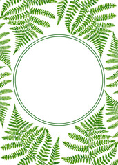 Watercolor fern leaves frame. Hand drawn forest plants template with space for text for invitation, wedding, card, save the date, banner.