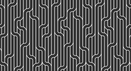 Linearer nahtloser Hintergrund mit verdrehten Linien, abstraktes geometrisches Vektormuster, gestreiftes Weben, optisches Labyrinth, Web-Netzwerk. Schwarz-Weiß-Design.