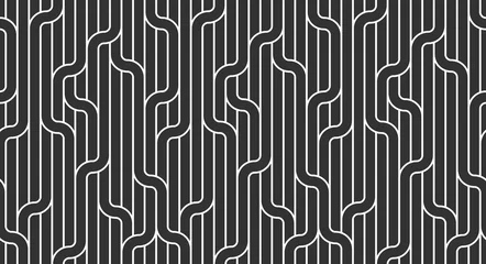 Foto op Plexiglas Art deco Lineaire naadloze achtergrond met gedraaide lijnen, vector abstracte geometrische patroon, gestreept weven, optische doolhof, webnetwerk. Zwart-wit ontwerp.