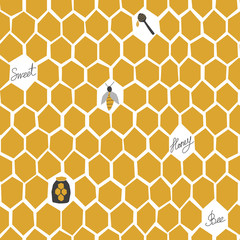 Honeycomb hand drawn seamless pattern. Cartoon illustration with honey comb. For textile, wrapping, wallpaer.