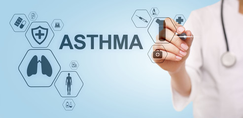Asthma diagnosis, medical doctor with stethoscope and virtual screen. Modern medical concept.