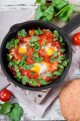 Shakshuka with tomato sauce and quail eggs topped with cilantro in a cast iron pan. Jewish cuisine meal