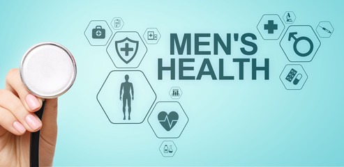 Mens Health banner, medical and health care concept on screen. Doctor with stethoscope.