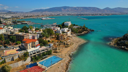 Fototapeta na wymiar Aerial photo of Piraeus riviera sandy beach next to famous Marina Zeas, Attica, Greece