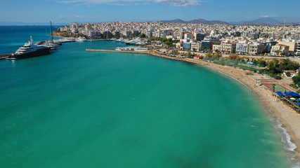 Fototapeta na wymiar Aerial photo of Piraeus riviera sandy beach next to famous Marina Zeas, Attica, Greece