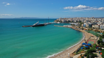 Aerial photo of Piraeus riviera sandy beach next to famous Marina Zeas, Attica, Greece