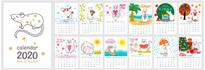 Vector calendar 2020 with Cute Rat. The Chinese calendar 2020 for children with illustration of the main European Holidays