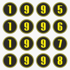 Past years with yellow numbers in a circle shape,1995,1996,1997,1998 vector.