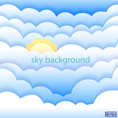 Background with white clouds and sun in a paper cut style