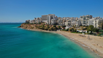 Fototapeta premium Aerial photo of Piraeus riviera sandy beach next to famous Marina Zeas, Attica, Greece
