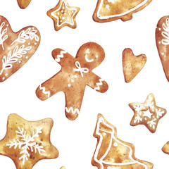 Gingerbread. Hand drawn watercolor seamless pattern traditional cookies with icing sugar, gingerbread man, star, heart, snowflake and christmas tree. Elements for holiday, cards, wrapping paper.