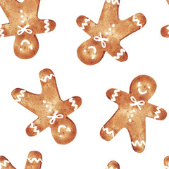 Pain d& 39 épice. Biscuits traditionnels à l& 39 aquarelle dessinés à la main avec du sucre glace, bonhomme en pain d& 39 épice. Éléments pour vacances, cartes, papier d& 39 emballage.