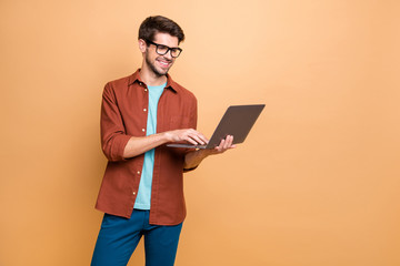 Portrait of his he nice attractive cheerful cheery successful smart clever intelligent brunet guy...