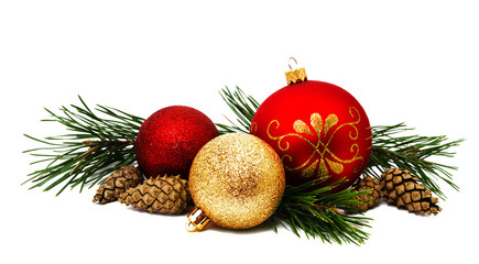 Obraz na płótnie Canvas Christmas decoration golden yellow and red balls with fir cones and fir tree branches isolated