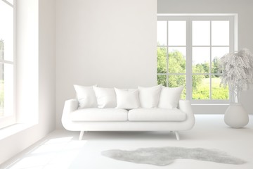 Mock up of stylish room in white color with sofa and green landscape in window. Scandinavian interior design. 3D illustration