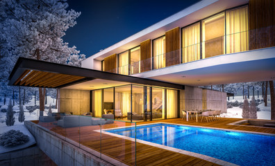 Fototapeta na wymiar 3d rendering of modern cozy house on the hill with garage and pool for sale or rent with beautiful landscaping on background. Cool winter night with cozy light inside.
