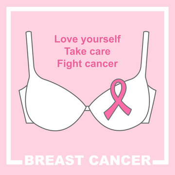 Image of white bra with pink ribbon symbolizing Breast Cancer Month. A call for women around the world to take care of their health and get a breast test