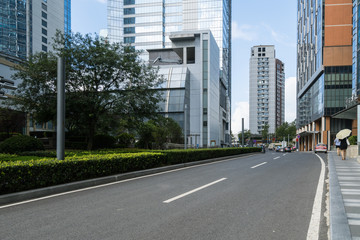 empty highway with cityscape and skyline of qingdao,China.