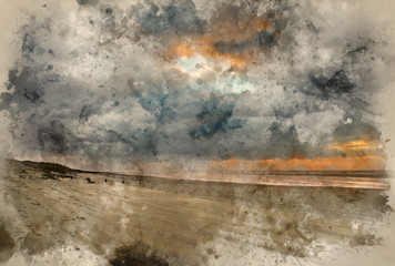 Digital watercolor painting of Stunning Winter sunrise over West Wittering beach in Sussex England