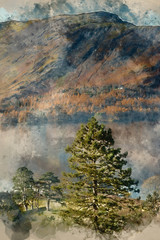 Obraz na płótnie Canvas Digital watercolor painting of Stunning Autumn Fall landscape image of view from route to Walla Crag near Derwent Water in Lake District