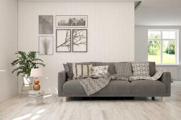 Stylish room in white color with sofa. Scandinavian interior design. 3D illustration