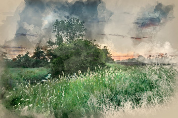 Digital watercolor painting of Beautiful vibrant Summer sunrise over English countryside landscape
