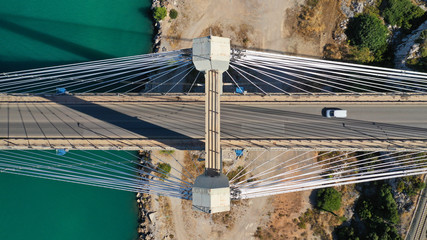 Aerial drone photo of marvel of Engineering suspension bridge connecting mainland with island over...