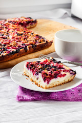 Tasty breakfast. Delicious pie with berries and cottage cheese an a cup of tea