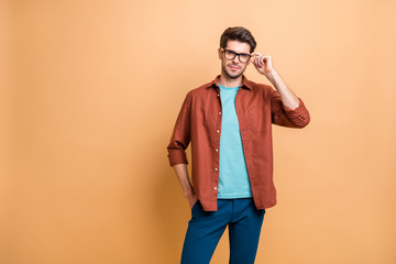 Portrait of his he nice attractive serious brunette guy skilled business shark expert specialist it...