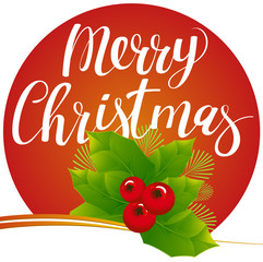 Christmas card with holly lives and berries, Merry Christmas colden lettering on dark red background, vector illustration.