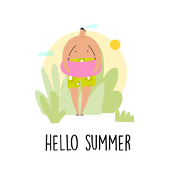 Funny vector illustration of man with lifebuoy. Hello summer.