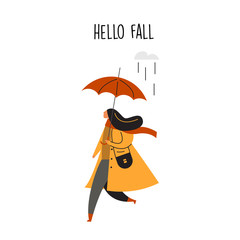 Flat vector illustration of woman running with umbrella.