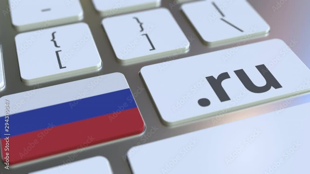Poster russian domain .ru and flag of russia on the buttons on the computer keyboard. national internet rel